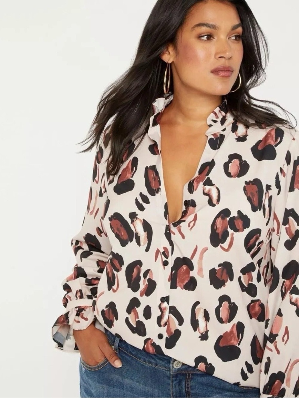Eloquii Leopard Print Blouse Size 16 Ruffle Neck Satin Button Front Top Flowy